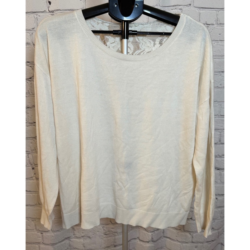 Maurices Cream Lace Up Back‎ Sweater XL Long Sleeve Floral Lace Inset Knit Top